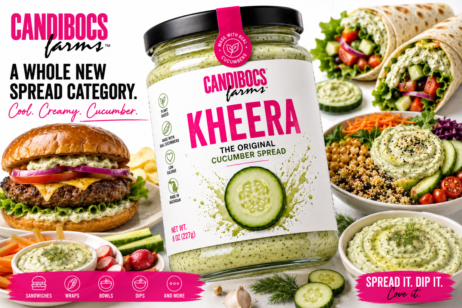 CANDIBOCS Farms KHEERA original cucumber spread jar surrounded by sandwiches, wraps, bowls and dips