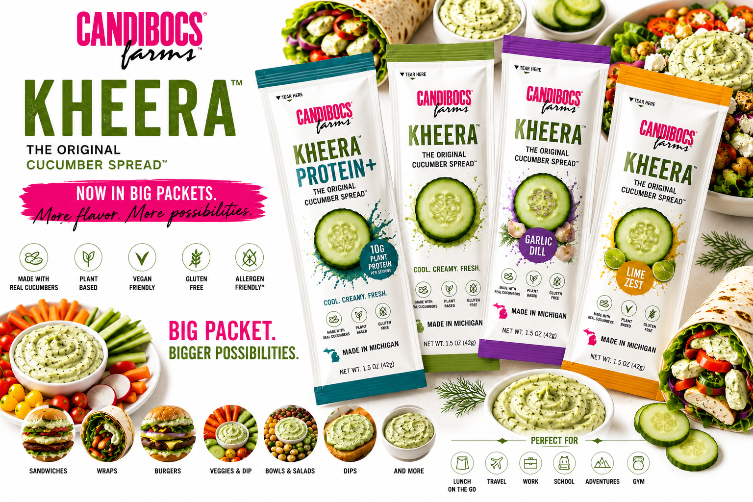 KHEERA cucumber spread lineup including protein plus, garlic dill and lime zest packets